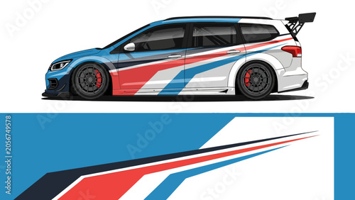 Vibrant race car with blue red white stripes speeding on track.