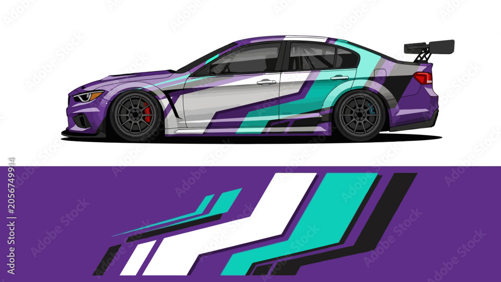 Fototapeta premium Vibrant Purple and Teal Race Car with Dynamic Graphic Livery and Sleek Aerodynamic Design.