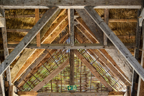 Canvas Print Medieval Thatched Roof Interior with Timber Frame Construction, Campus Galli