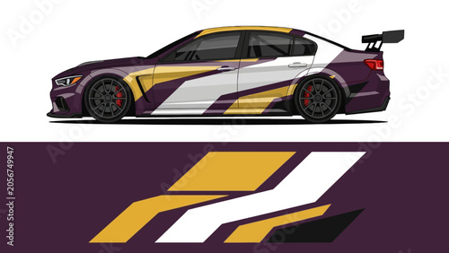 Side view of a customized race car with yellow and purple livery in a bold, modern design.