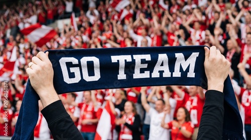 Person holding 'go team' scarf in crowd cheering at sports event with red jerseys