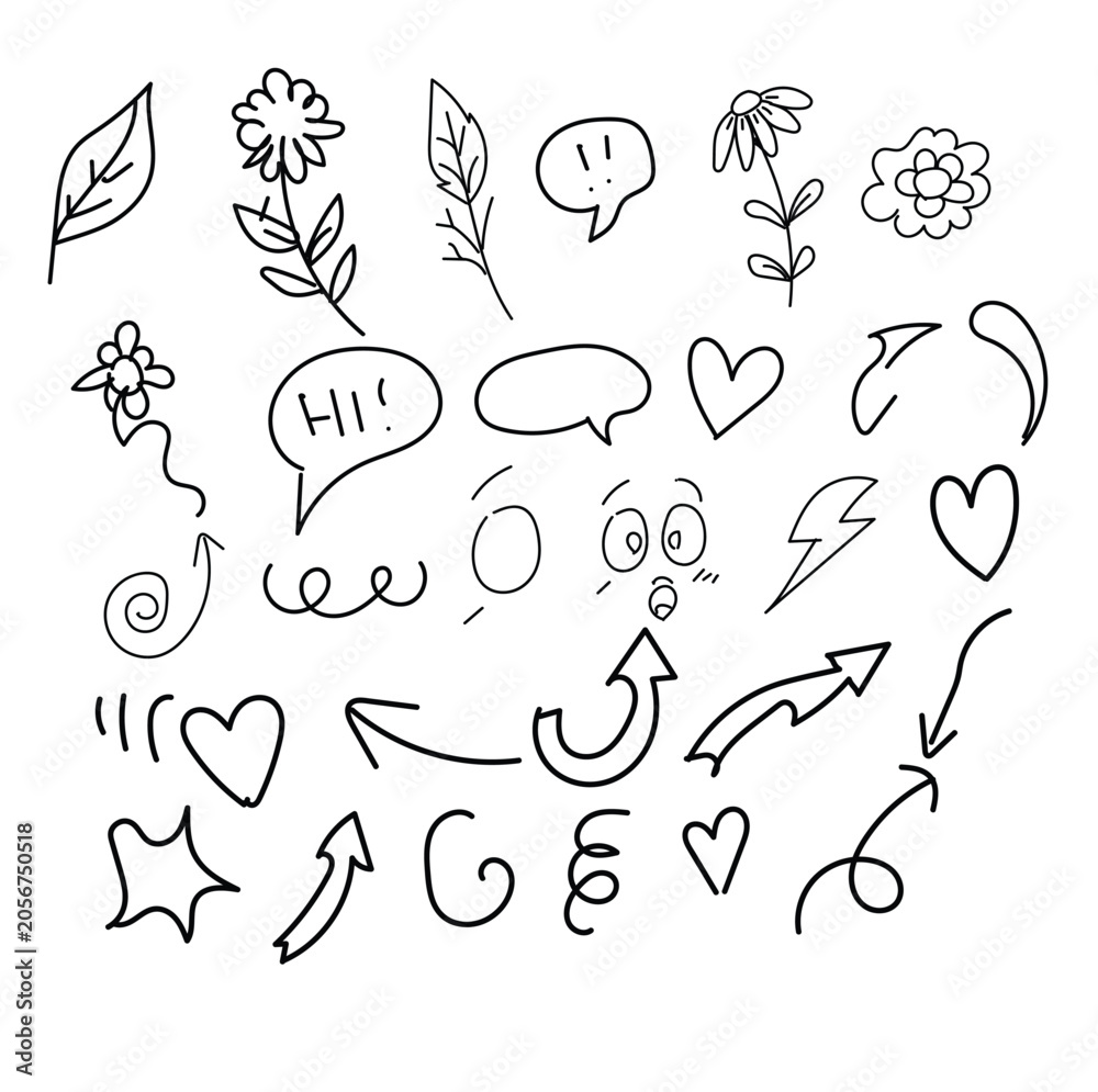 Fototapeta premium Hand drawn doodle set with flowers speech bubbles hearts and arrows on white background