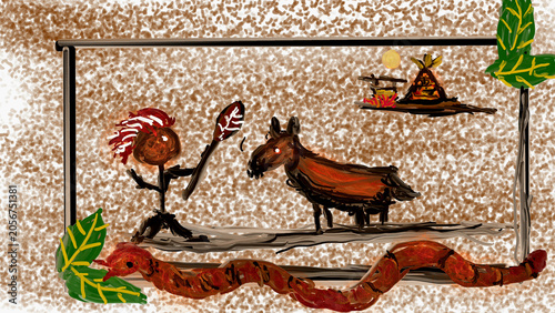 Foto Mysterious primitive tribal story with shaman, mythical beast and snake, ancient