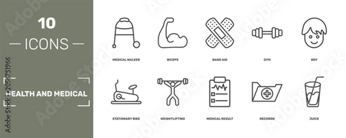 Fotografía health and medical icon set with medical walker, biceps, band aid, juice signs i