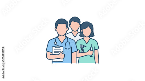 Tableau sur toile Medical Team Illustration: Doctors and Nurses with Stethoscope, Clipboard, Syrin