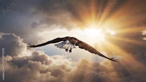 A majestic bird of prey soars through the bright golden clouds
