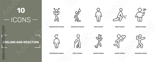 фотографія feeling and reaction icon set with aggravated human, hopeless human, free human,