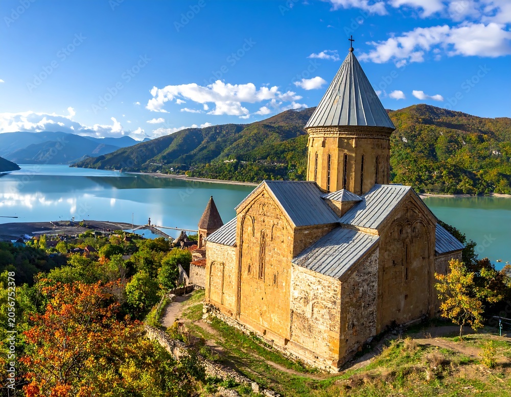 Fototapeta premium Autumn scenic view of historic stone church by lake.