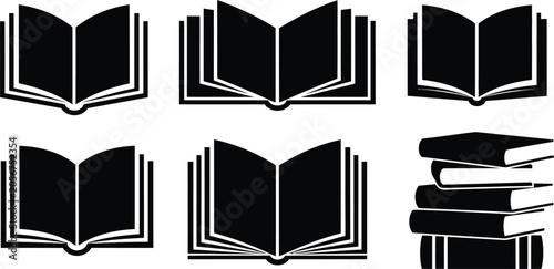 Six black silhouette icons of open books and a stack of books isolated on transparent background