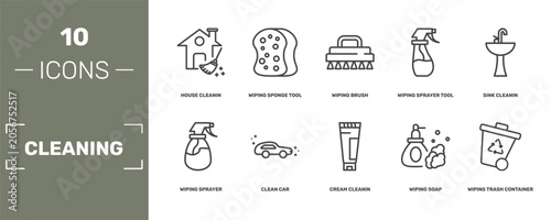 Fotografía cleaning icon set with house cleanin, wiping sponge tool, wiping brush, wiping t