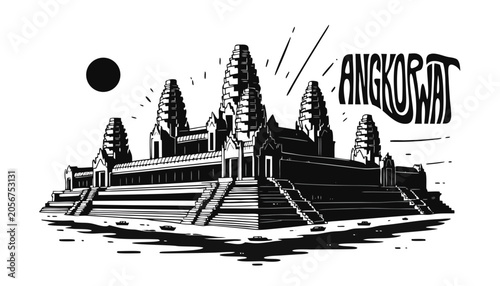 Fotografija Very beautiful black-and-white engraved vector illustration featuring ANGKOR WAT in Siem Reap, Cambodia, highlighting its iconic temple towers and a decorative landmark label reading ANGKOR WAT