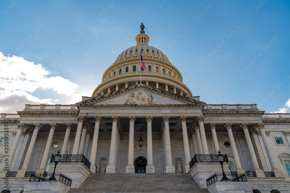 Naklejka premium Famous Capitol in Washington DC. Washington DC landmark. Senate and House in Washington DC. Capitol dome. Historic Capitol by the national flag. Capitol dome as symbol of law. Washington DC