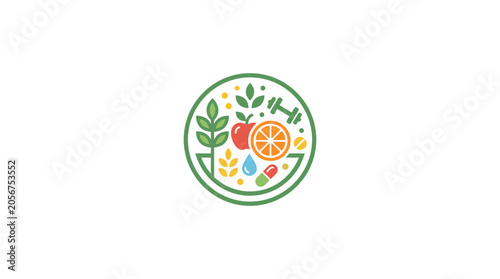 Bild auf Leinwand Healthy Lifestyle Icon: Nutrition, Fitness, and Wellness Symbols in Circle