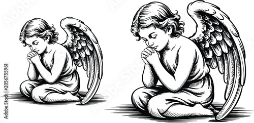 Tableau sur toile Praying angel illustrations, cherub vector graphics, black and white, religious