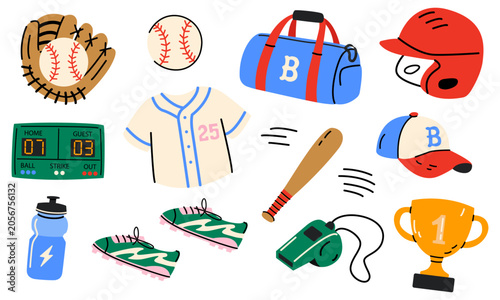 A vector set of cartoon baseball elements. Baseball uniform and ball, bat, catcher's helmet and glove, cap, gold trophies, whistle, and bag. Sports stickers, labels, posters, and branding.
