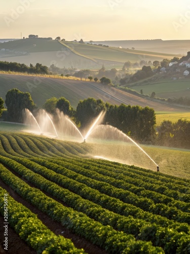 Sustainable agricultural irrigation across rolling green farmland at sunrise with sprinkler systems watering crops in a scenic rural landscape