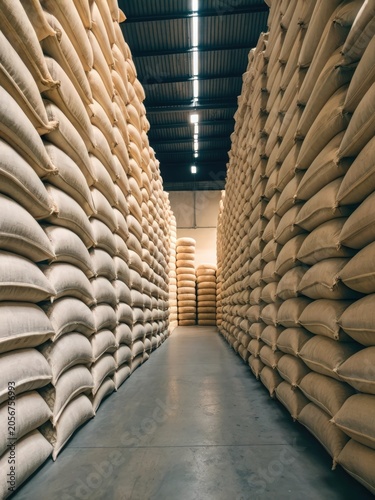 Long warehouse aisle between towering stacks of grain sacks showcasing efficient bulk agricultural storage, organized inventory and logistics operations