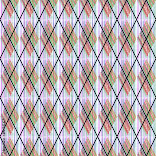 ​Seamless geometric argyle pattern with thin black diamond lines and colorful pastel texture. Abstract plaid vector background.