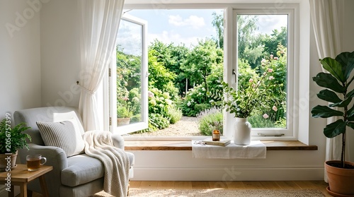 Cozy living room with open windows looking out into a bright and sunny green garden in the summer