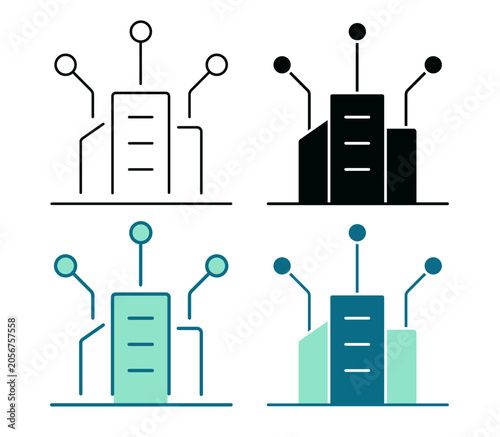 Smart City icon. Buildings and technology circuit logo. ESG concept. Line, Duotone and Solid Style for Dark and Light UI, Web and Mobile Apps.