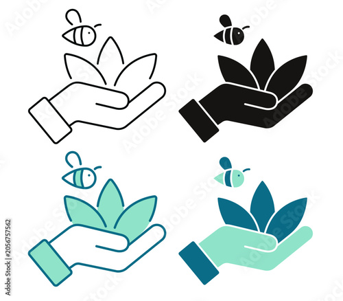 Biodiversity icon. Hand holding a bee and a flower logo. ESG concept. Line, Duotone and Solid Style for Dark and Light UI, Web and Mobile Apps.