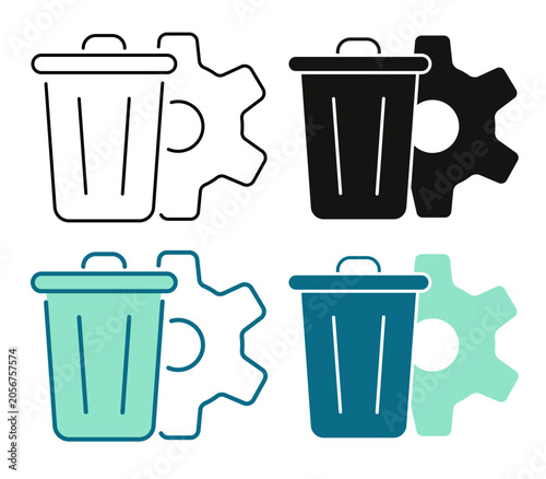Waste Management Icon. Trash and gear wheel logo. ESG concept. Line, Negative, Duotone and Solid Style for Dark and Light UI, Web and Mobile Apps.