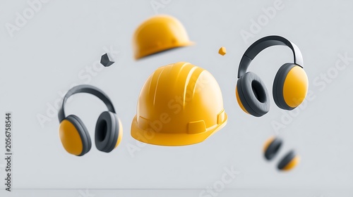 Awesome photo of 3D illustration of yellow construction hard hats and hearing protection earmuffs floating against a light grey background.