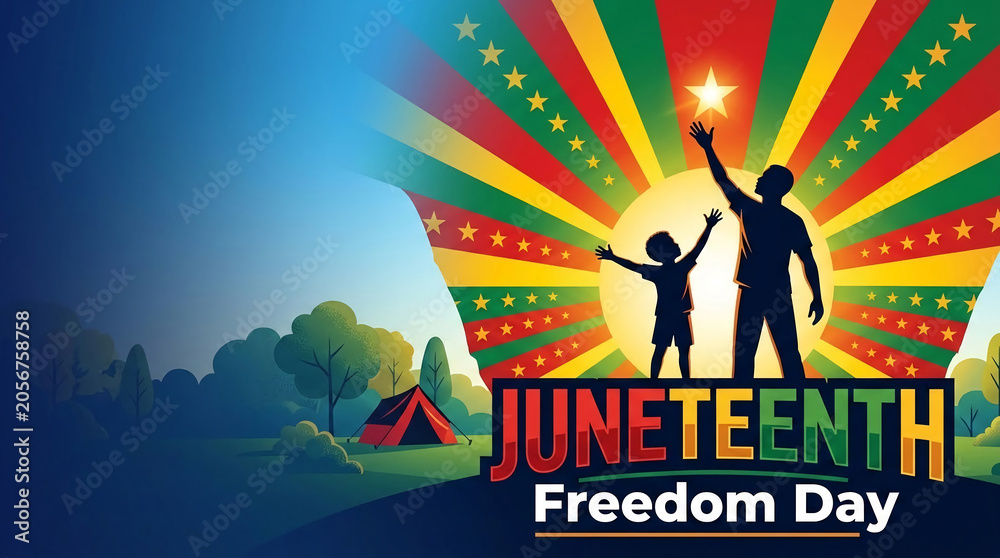 Fototapeta premium Silhouette of parent and child reaching for a star against a sunburst of red, yellow, and green, symbolizing Juneteenth and freedom.