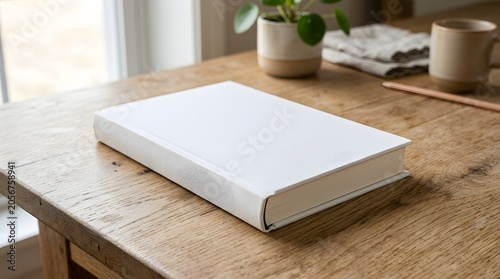 Blank book cover mockup on wooden table realistic presentation for book design and publishing