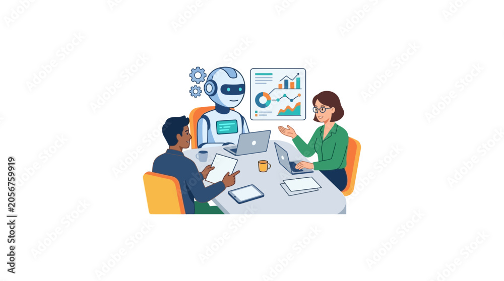 Fototapeta premium Robot and humans in a business meeting discussing analytics and technology
