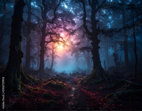 Mystical foggy forest with ethereal light beams.