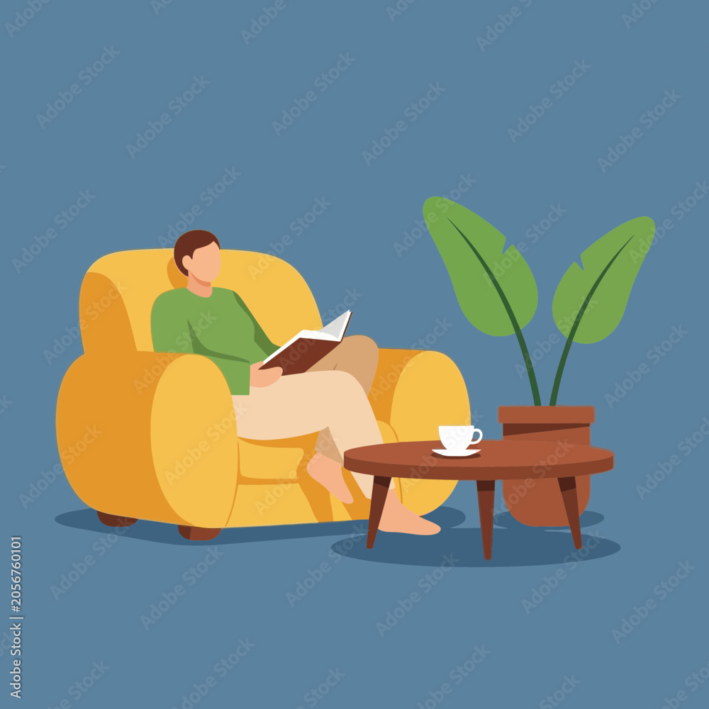 Fototapeta premium Man Reading Book in Yellow Armchair Minimalist Flat Vector Illustration