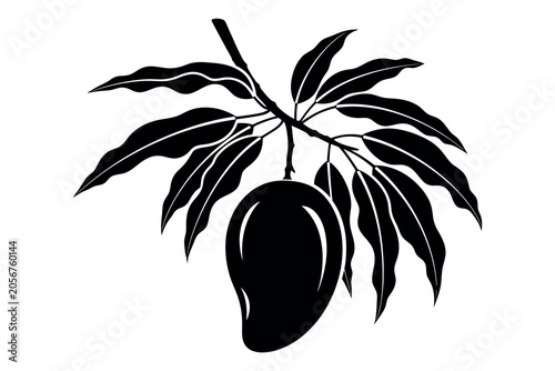 Black silhouette of a mango fruit hanging from a tree branch with leaves isolated on white background