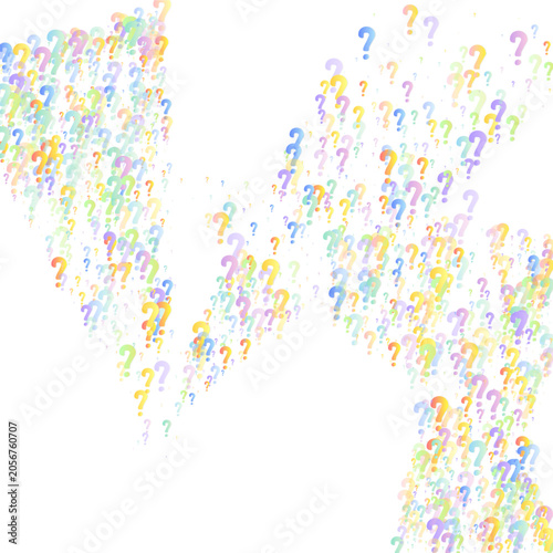 Question marks. Background for quiz, poll, survey, faq, interrogation, query. Multicolored template for opinion, public poll. Funny School vector illustration rainbow color on white background.