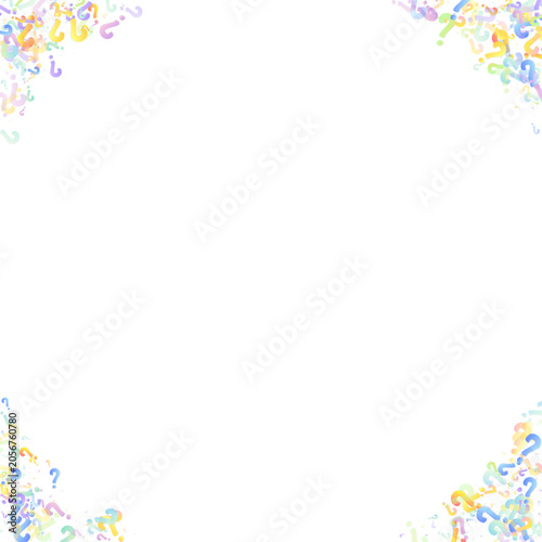 Question marks. Background for quiz, poll, survey, faq, interrogation, query. Multicolored template for opinion, public poll. Funny School vector illustration rainbow color on white background.