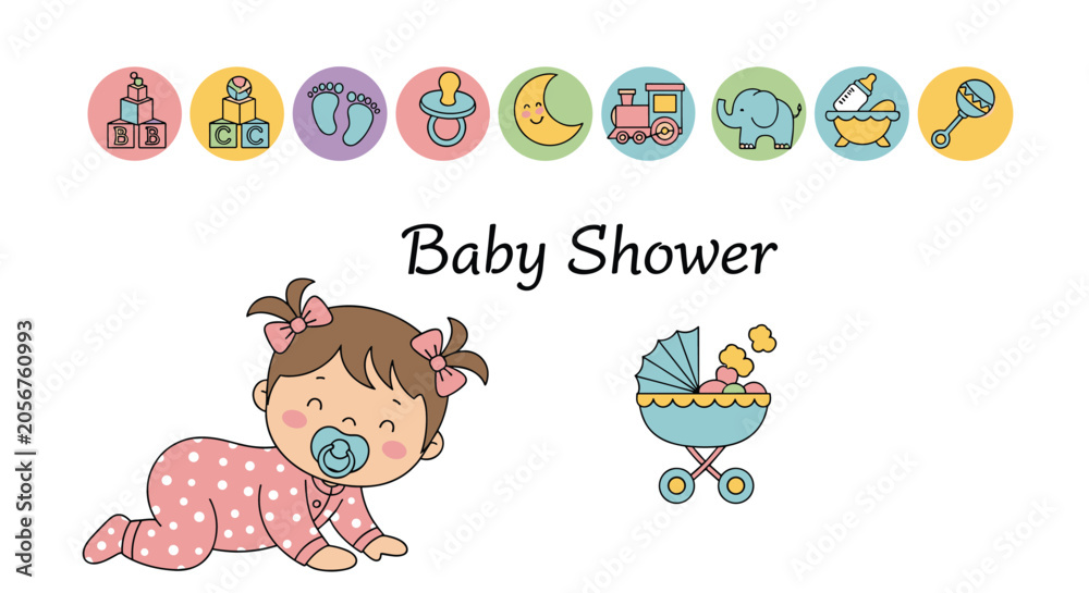 Fototapeta premium Cute baby shower card template featuring a crawling baby girl in pink polka dot pajamas and a blue pacifier.