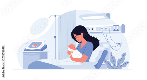 Happy young mother lying in a hospital bed and holding her newborn baby closely in a peaceful maternity ward.