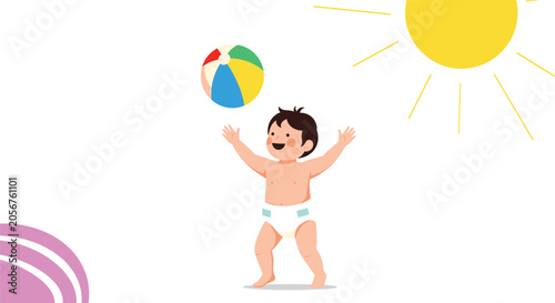 Happy young baby toddler in a diaper playing with a colorful beach ball under the bright hot summer sun.