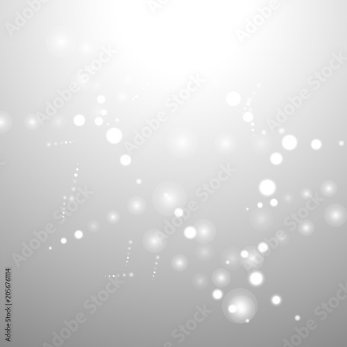 Silver Bokeh Christmas Background. Snow Flakes on Light Grey. Blurred Vector Design. Holiday Winter Backdrop With Glow and Overlay Effect. Season Bling Christmas Decoration.