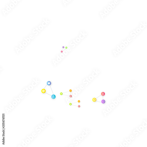 Social media marketing, Communication networking concept. Random icons social media services tags linked on white background. Comment, friend, like, share, target, message. Vector Internet concept.