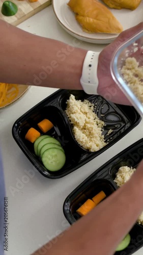 Vertical video: Reaching blue-top cook scooping rice from jar into meals at home with cucumber