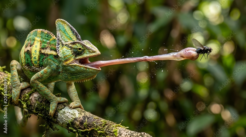Fototapeta premium Beautiful Reptile Using Sticky Tongue To Catch Fly