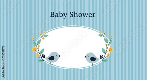 Elegant blue striped baby shower card template with two cute little birds facing each other within a leafy floral frame.