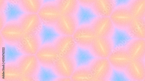 Grainy abstract geometric background with blurred hexagon shapes pattern in pastel gradient. Repeated elements grid in soft pink, peach, pale orange, light blue color. Vaporwave y2k aesthetic backdrop