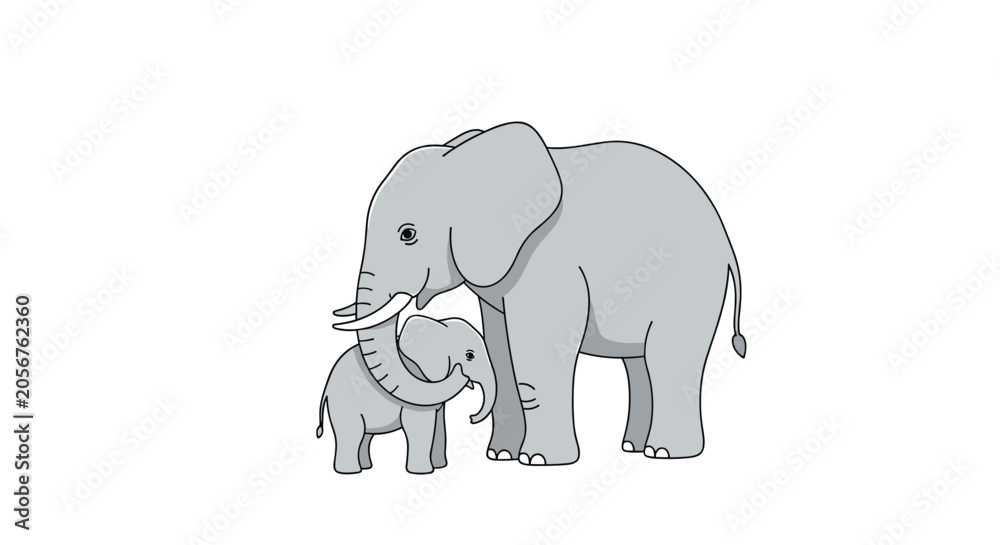 Fototapeta premium Cute mother elephant showing affection to her small baby elephant using their trunks, cartoon vector illustration.