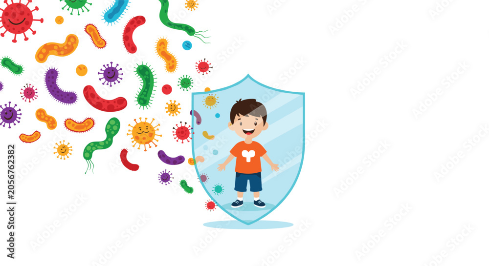 Fototapeta premium Little boy standing behind a glowing protective shield deflecting attacking colorful germs and viruses, vector.