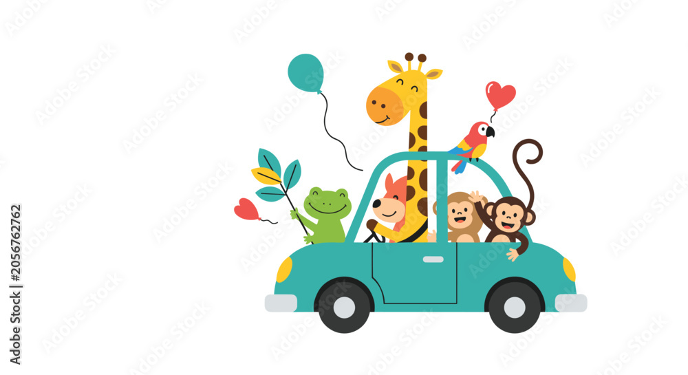 Fototapeta premium Cute cartoon animals including a giraffe, monkey, frog, fox, and parrot riding in a blue car on a white background.