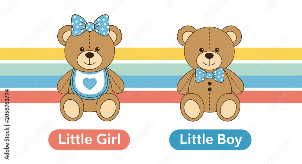 Naklejka premium Two cute cartoon teddy bears decorated as a little girl and a little boy sitting next to each other on a striped background.
