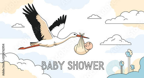Classic white stork flying through the clouds while carrying a sweet newborn baby for a baby shower greeting.