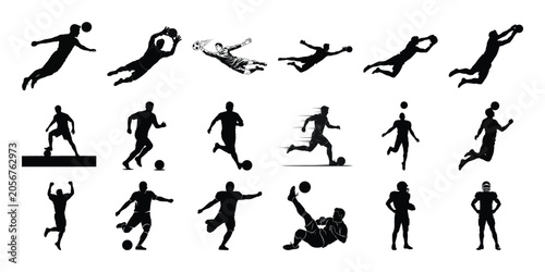 Football and Sports Athlete Silhouette Set with Goalkeeper Saves and Soccer Player Actions Vector Collection